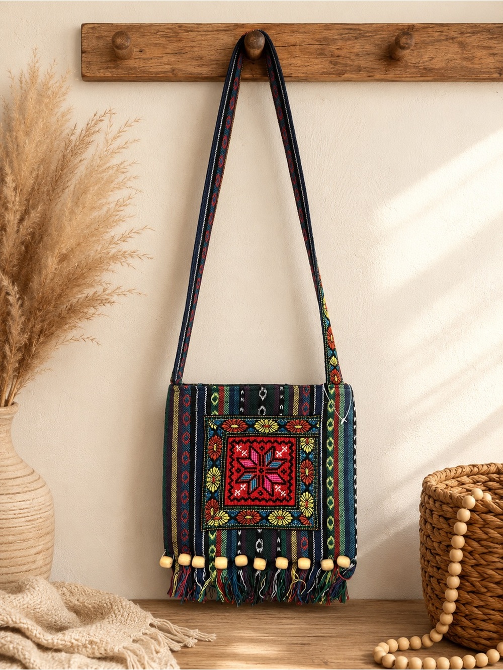 Boho Embroidered Navy Crossbody Bag with Multicolor Accents